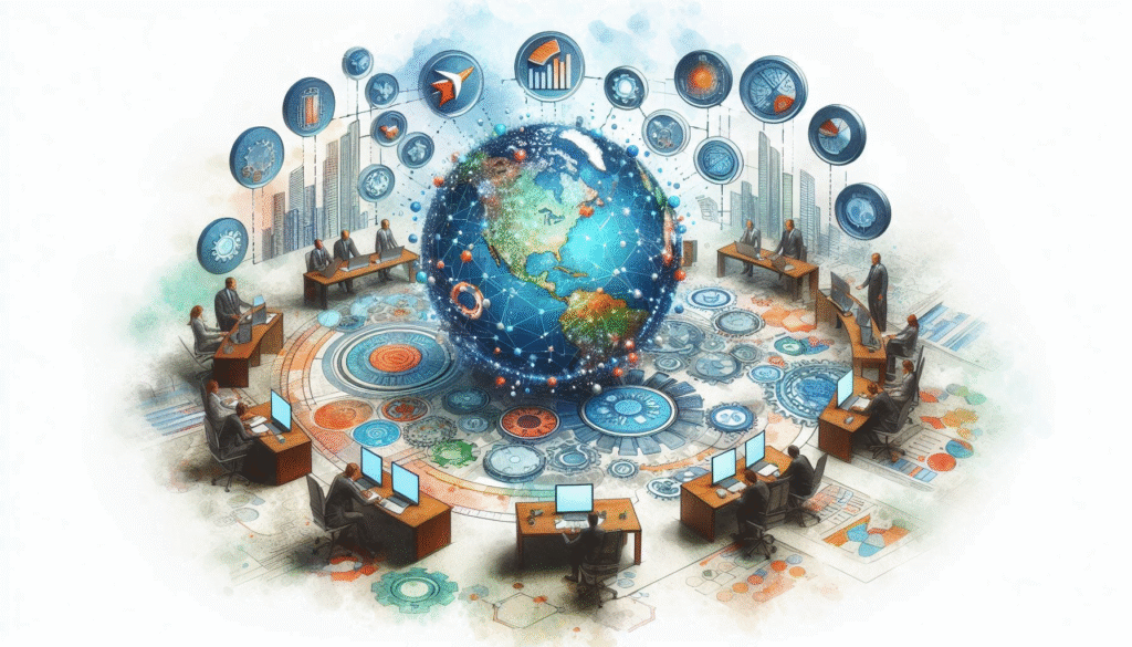 A dynamic illustration showcasing multiple project elements converging into a single integrated plan, symbolizing unity and successful management.