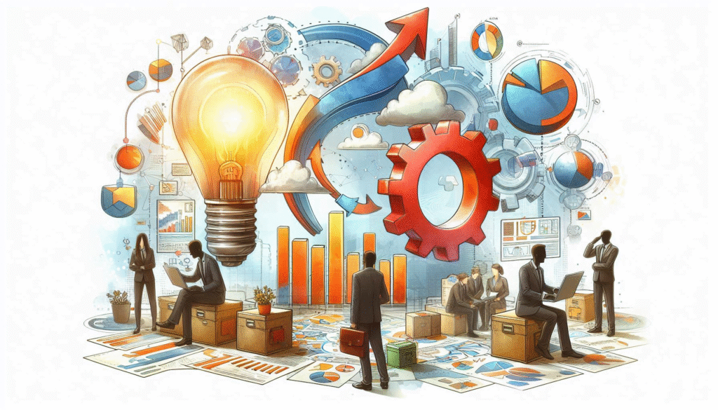 An illustration representing dynamic teamwork and effective communication in a project environment.