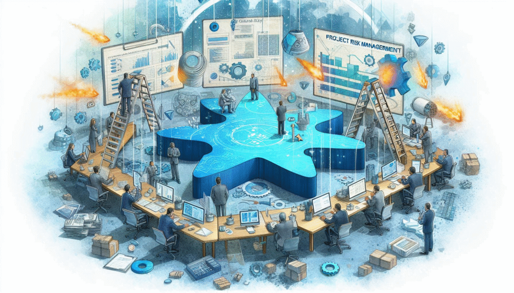 A dynamic image showcasing various elements of project risk management, including charts, documents, and team collaboration.