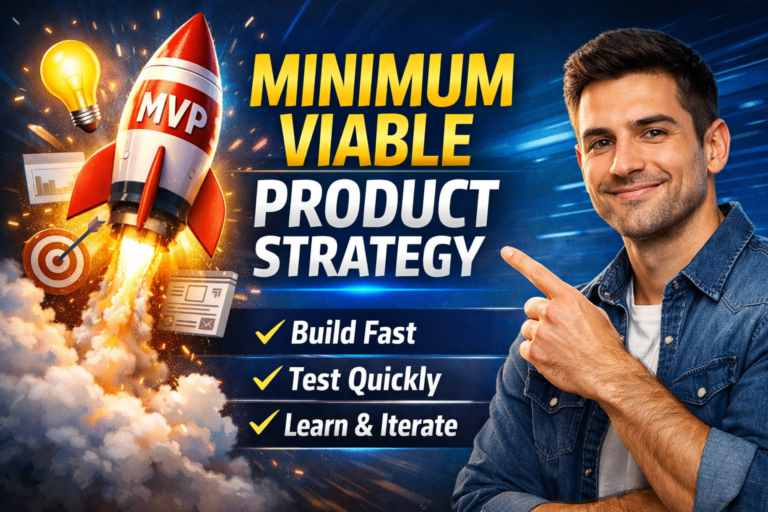 Rocket launch with product strategy text