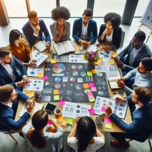 An illustration of a business team discussing and analyzing market needs to identify critical gaps.