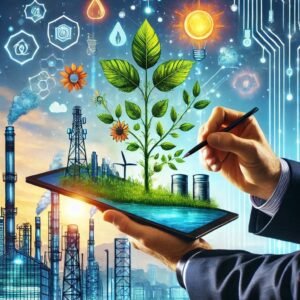 Sustainable business practices depicted by a thriving green enterprise focusing on eco-friendly strategies and social responsibility.
