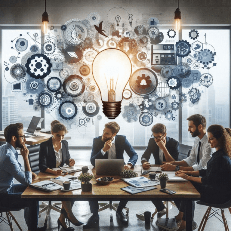 Entrepreneurs collaborating on a vision and mission statement in a modern office setting.