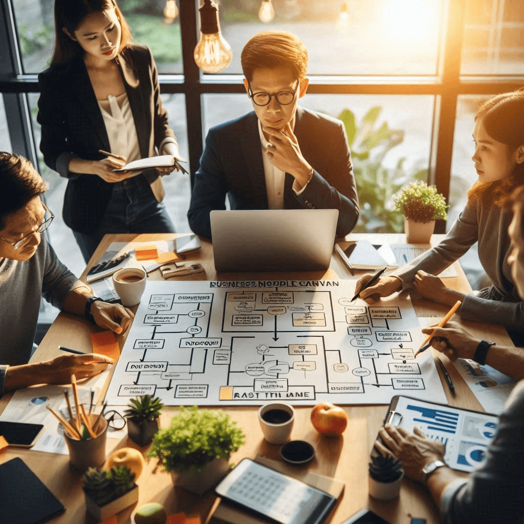 An entrepreneur team collaborating on a Business Model Canvas Workshop to refine their business strategy, illustrate new ideas, and define key objectives.