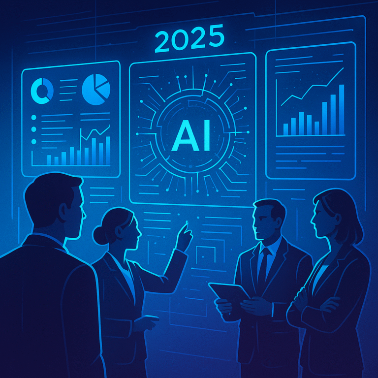 Futuristic graphic of business leaders analyzing AI-powered data dashboards in 2025.