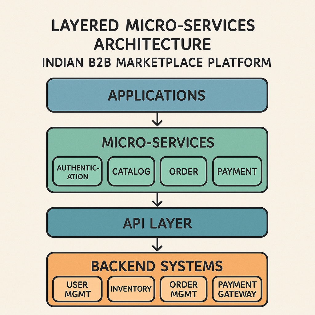 Layered micro-services architecture diagram for Indian B2B marketplace platform.