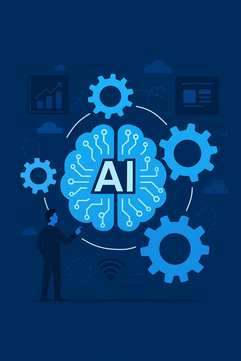 Illustration of AI-powered gears transforming an enterprise’s digital operations.