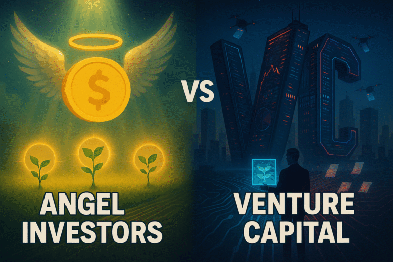 Angel wings alongside skyscraper-shaped VC towers depicting two funding paths