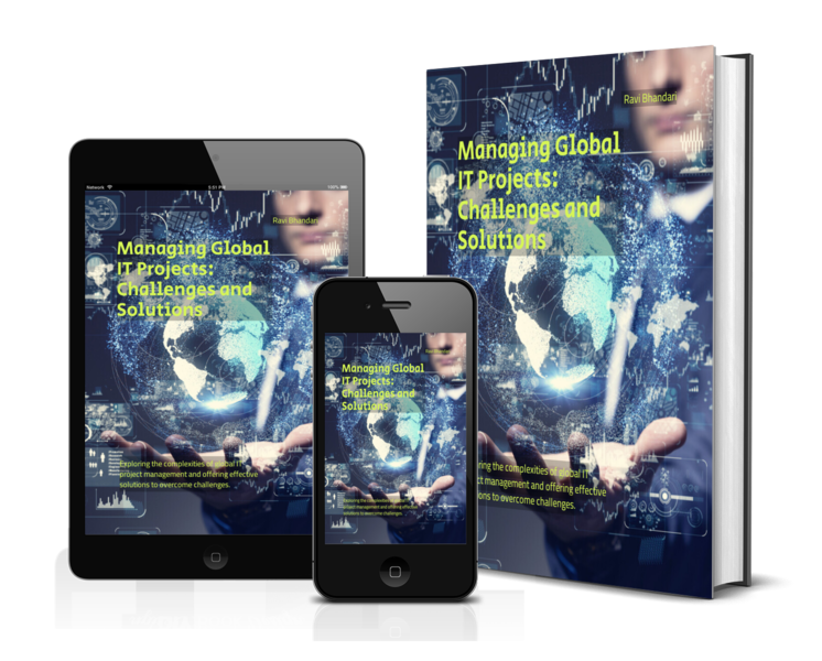 Illustration of professionals collaborating across countries on digital platforms, symbolizing the challenges and solutions in managing global IT projects such as communication barriers, time zone differences, cultural diversity, and technology integration.