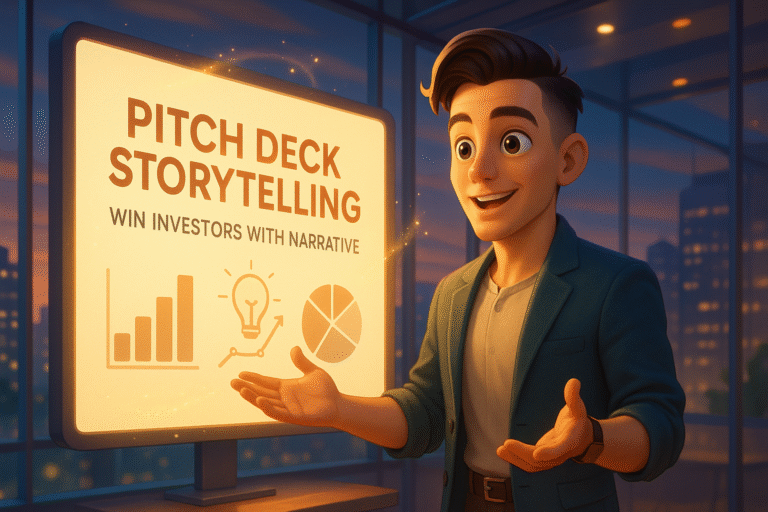 Founder presenting a clean pitch deck that maps a storytelling flow from problem to vision on a large screen to engaged investors.